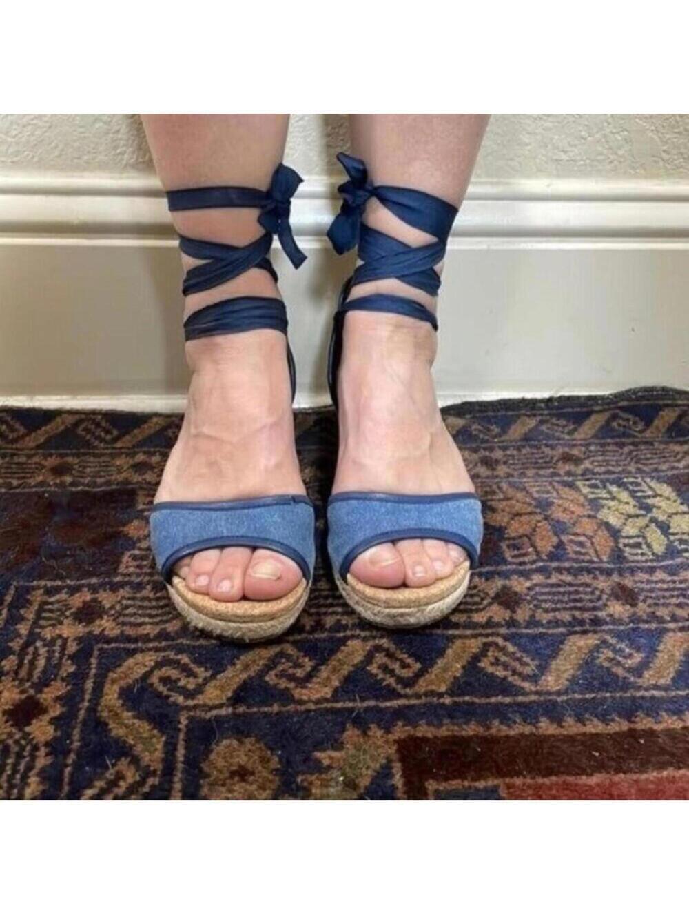 UGG Blue open Toe Woven Wedge Lace Up Espadrille Sandal Shoes